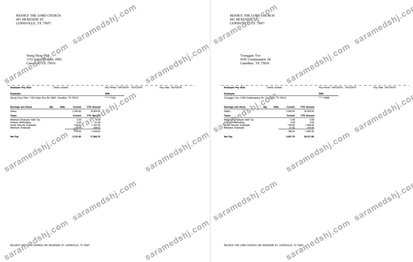 Rejoice The Lord Church pay stub in PDf and Word formats